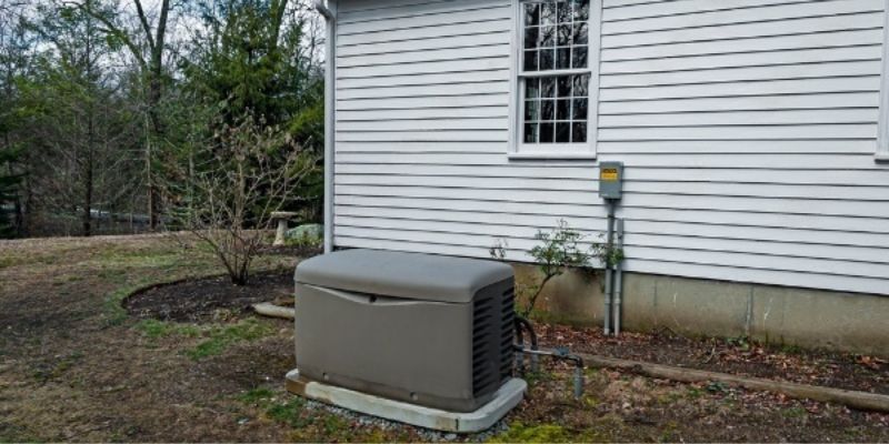 Residential standby generator installed beside a home exterior, providing backup electricity and emergency power during outages.