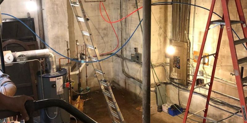 Commercial generator electrical installation with power panels, conduit wiring, and backup power systems in a utility room.