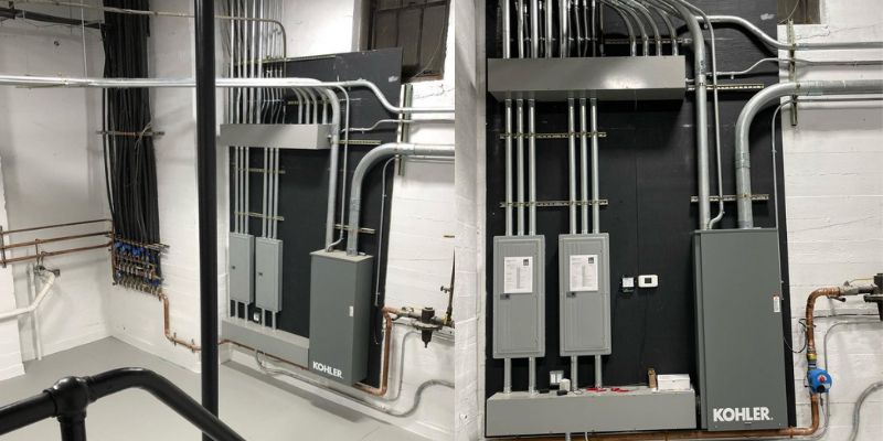  Electrical technicians installing generator wiring and power systems in a basement utility area with ladders, panels, and conduit infrastructure.
