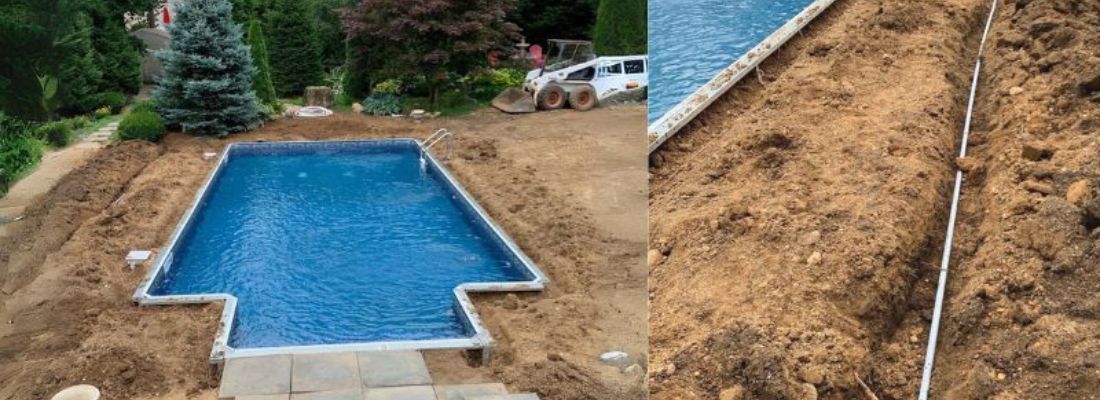 Swimming pool construction and underground electrical installation in progress, featuring trenching, wiring, and residential pool setup services.