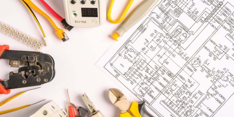 Electrical tools, wiring components, and home wiring blueprints used for residential electrical installation and maintenance services.